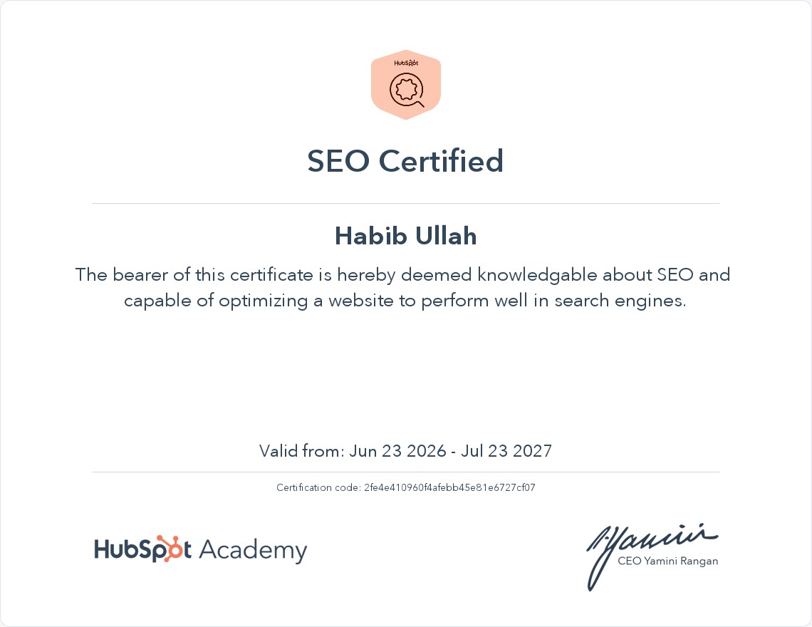 HubSpot Academy SEO Certification awarded to Habib Ullah